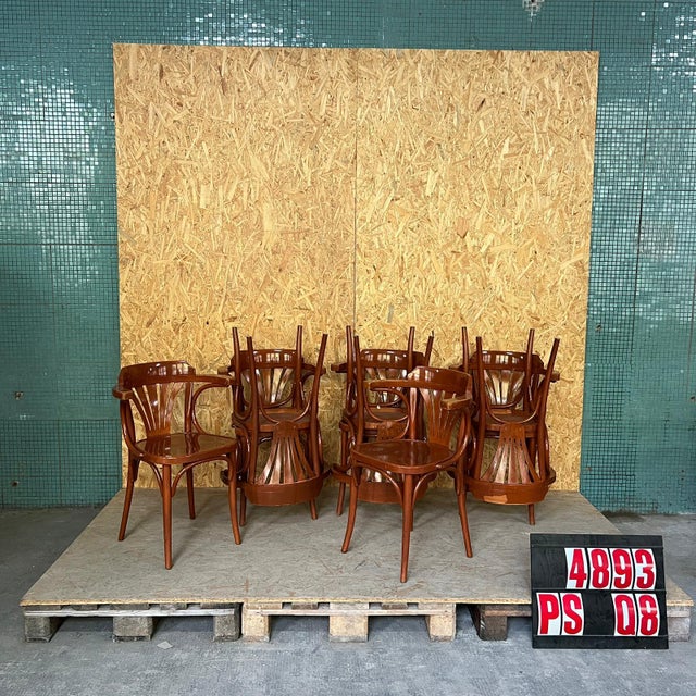 Flame Oak Fanback Armchairs from Sellaton, 1980s, Set of 8 For Sale - Image 3 of 3