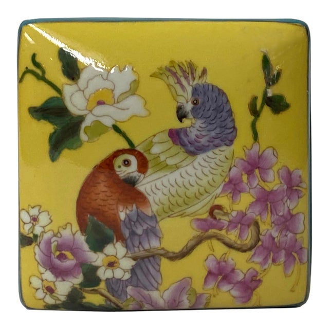 Contemporary Yellow Flower Painting Square Porcelain Box - Jewelry Box For Sale