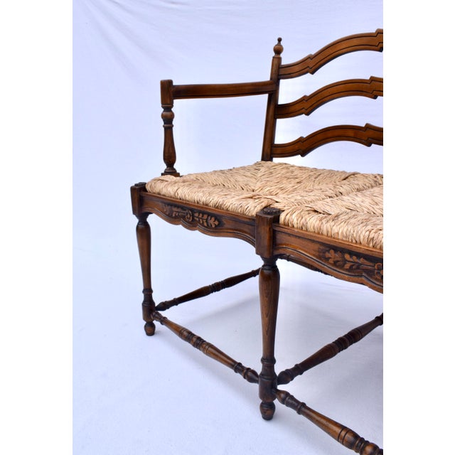 Vintage French Provincial Style Ladder Back Bench Rush Seat For Sale - Image 4 of 16