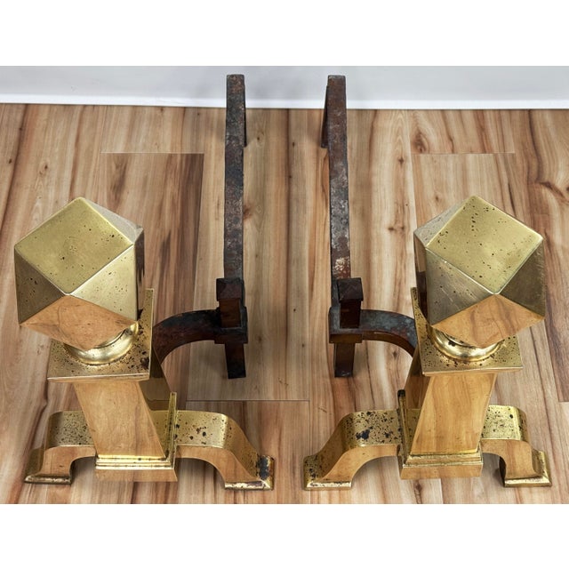 Mid-Century Modern Antique Brass and Cast Iron Andirons or Chenets, a Pair For Sale - Image 3 of 10