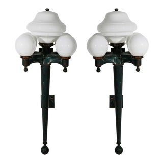1910/20's Vintage Massive Cast Iron & Milk Glass Exterior Wall Sconces - A Pair For Sale