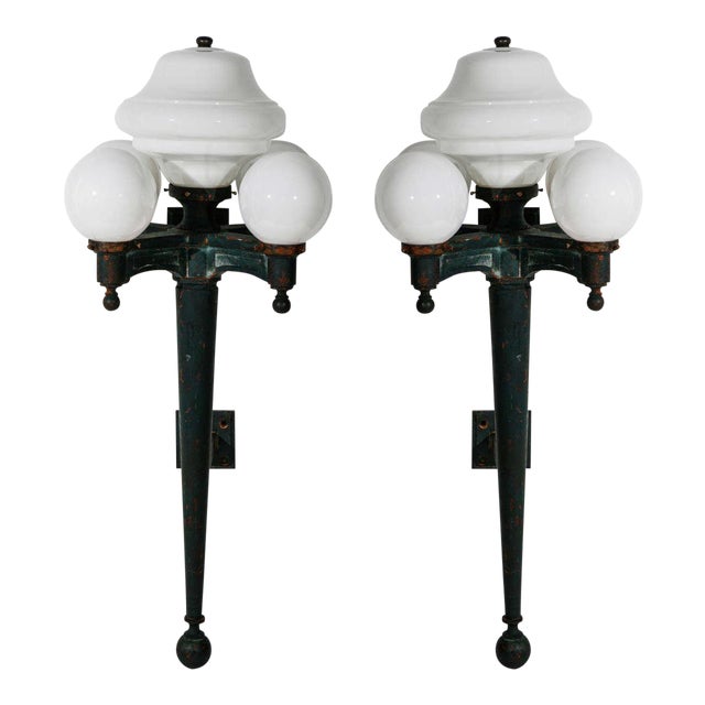1910/20's Vintage Massive Cast Iron & Milk Glass Exterior Wall Sconces - A Pair For Sale