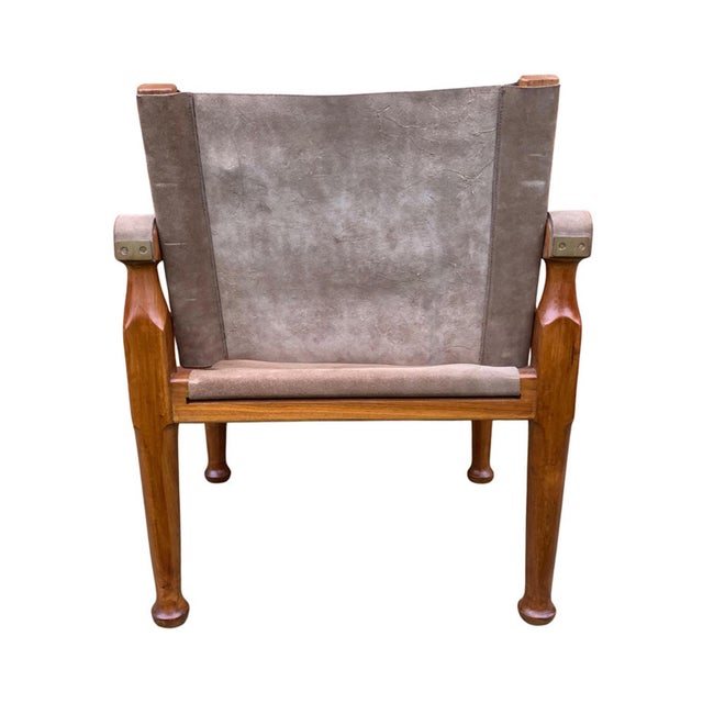 Suede and Teak Open Frame Safari Chairs with Sling Arms, 2000s, Set of 2 For Sale - Image 13 of 14