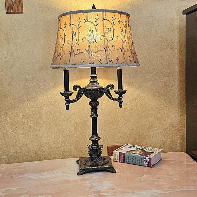 Victorian Vintage Victorian Candelabra Table Lamp – Ornate Metalwork & Embroidered Shade, 30” For Sale - Image 3 of 18