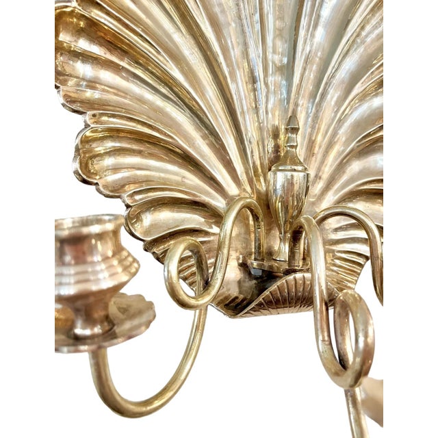 Metal Pair Vintage Hollywood Regency Large Size Grotto Style Brass Shell Three Light Wall Sconces For Sale - Image 7 of 11