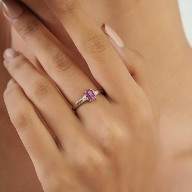 Modernist Octagon 0.69 Ct Natural Ruby Ring With Diamond Trinity Cluster in Solid Silver Size 8 For Sale - Image 9 of 15