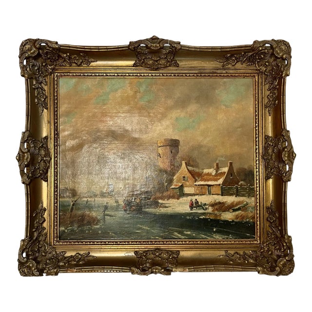 19th C. Dutch School Windmill Painting in Ornate Gilt Frame, Signed For Sale