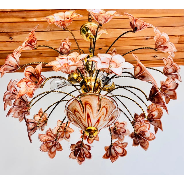 1980s Italian Murano Style Brown Floral Chandelier – Glass Flower Bouquet For Sale - Image 11 of 17
