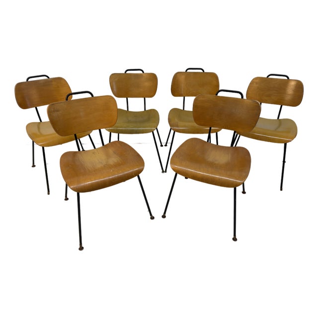 Set of Six Vintage Molded Plywood and Metal Chairs For Sale