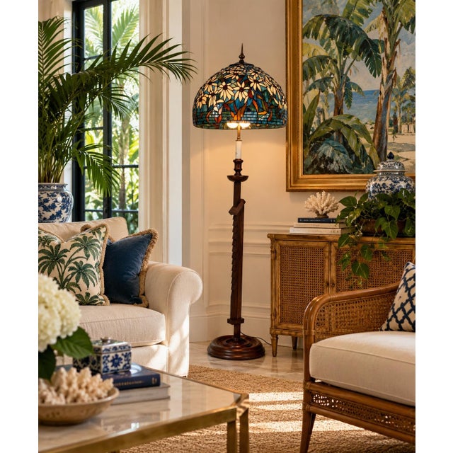 Beautiful vintage floor lamp featuring a distinctive adjustable ratchet-style wooden column with a rich dark wood finish...