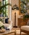 Beautiful vintage floor lamp featuring a distinctive adjustable ratchet-style wooden column with a rich dark wood finish...