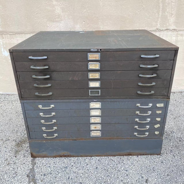 Vintage Cole Steel Metal Industrial Stacking Flat File Map Cabinet with 10 Drawers. Item features (3) parts with (1) base...