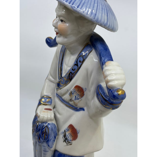 Blue and White Asian Man and Woman Fishing Statues- A Set For Sale - Image 10 of 12