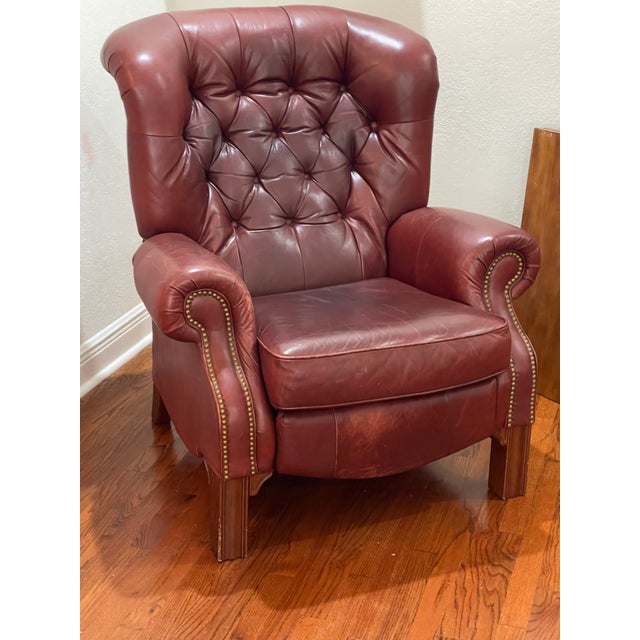 Animal Skin Vintage Pair of Oxblood Tufted Leather Writers Recliner Armchairs For Sale - Image 7 of 10