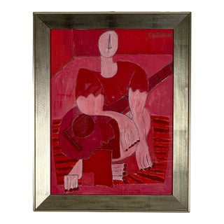 Stunning Red Hues Original Vintage Modern Oil/Board Cubist Painting of Woman With Guitar, Signed For Sale