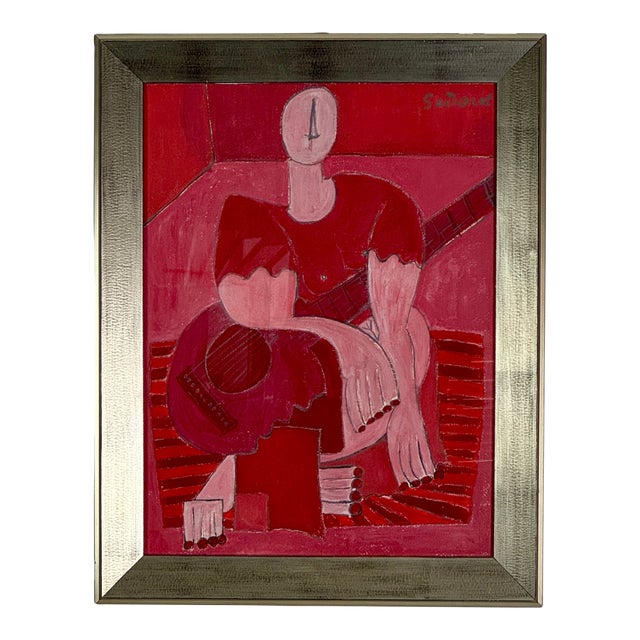 Stunning Red Hues Original Vintage Modern Oil/Board Cubist Painting of Woman With Guitar, Signed For Sale