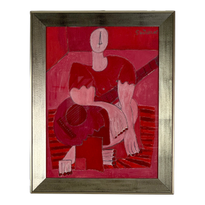 Stunning Red Hues Original Vintage Modern Oil/Board Cubist Painting of Woman With Guitar, Signed