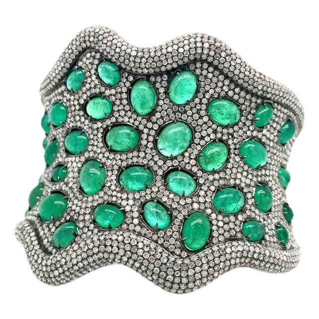 Diamond Pave & Emerald Bracelet Cuff For Sale