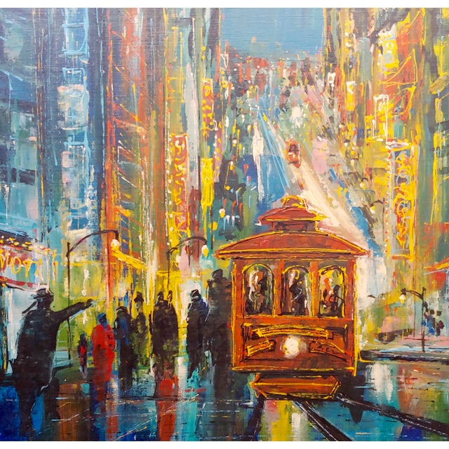 American 1960s Downtown San Francisco Busy Streets at Night -Oil Painting For Sale - Image 3 of 12