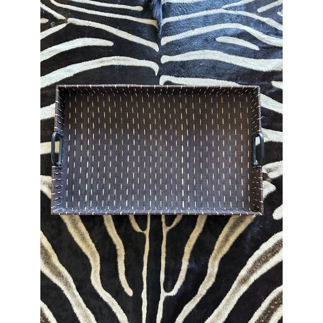 Fantastic Large Grasscloth Tray with Blackened Wood Handles. Handsome brown and tan woven grasscloth on top and sides of...