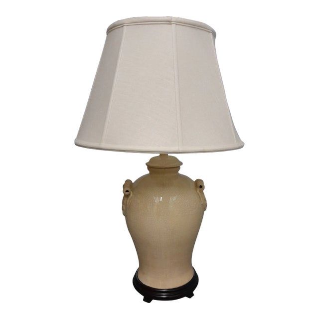 Contemporary Crackle Glazed Ginger Jar Lamp With Linen Shade For Sale