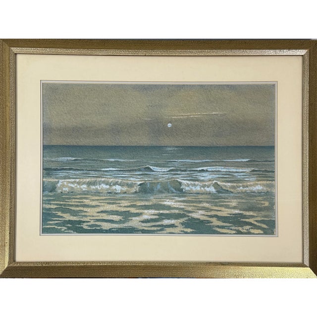Vintage Post-Impressionist Nocturne Coastal Seascape (circa 1980, watercolor on art paper) Presented in a period crackle-...