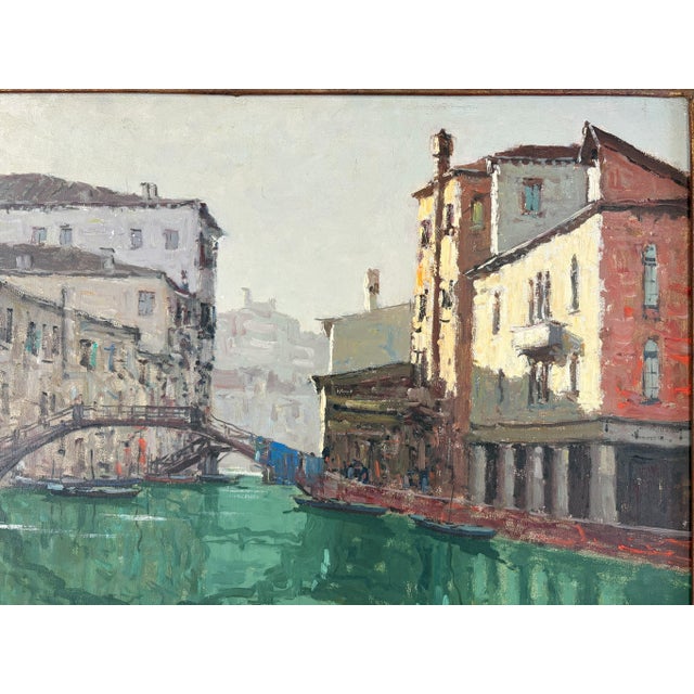 Large Vintage Signed and Framed Painting on Canvas of Venice Canal For Sale - Image 13 of 17