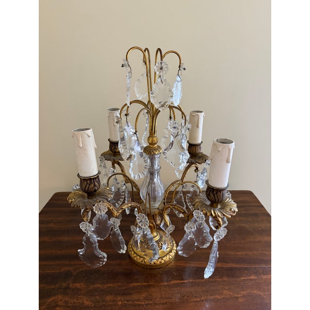 Antique French Dore Bronze & Crystal Girandole Candelabra Lamps - a Pair For Sale In South Bend - Image 6 of 13