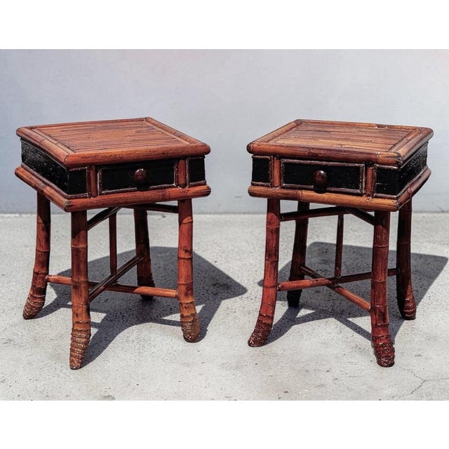 Pair Bamboo Bedside Tables , Lamp Tables, Side Tables. Each with Drawer. Size of each : 57.5 cms tall, 40 cms wide, 40 cms...