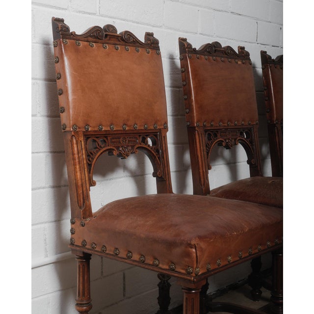 Renaissance Early 20th Century Antique Henry II Renaissance Style Brown Leather and Wood Chairs - Set of 4 For Sale - Image 3 of 6