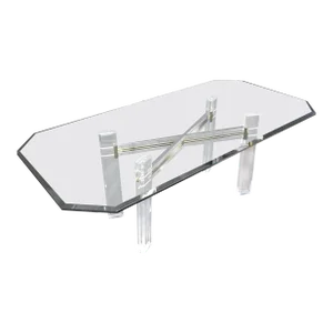 Chrome Brass & Lucite X Shape Base Beveled Glass Top Rectangle Dining Table