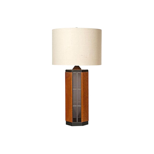 1970s Smoked Glass & Wood Table Lamp For Sale