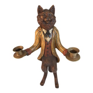 1990s Folk Art Huebbe Butler Cat Candleholder For Sale
