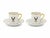 Pair of vintage porcelain demitasse cups and saucers decorated with finely detailed equestrian jockeys on horseback....
