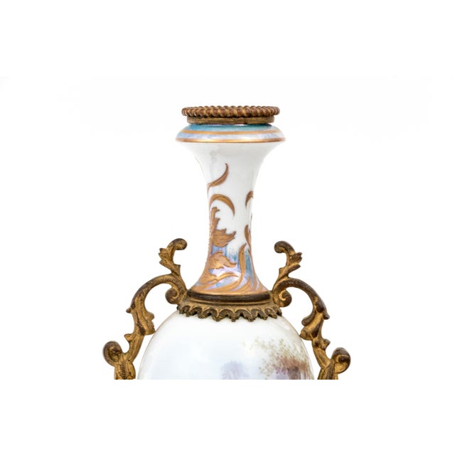 Pair of French Sèvres-Style Porcelain Vases With Gilt Bronze Mounts — Hand-Painted Gallant Scenes, Marked France, Late 19th C. For Sale - Image 9 of 11