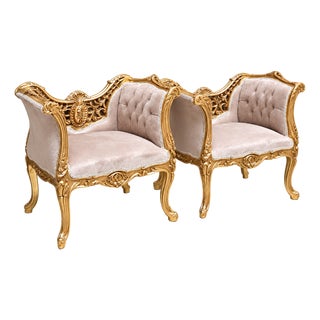 Set of 2 French Louis XV-Inspired Accent Chairs – Ornate Gold Leaf Frames & Damask Upholstery For Sale