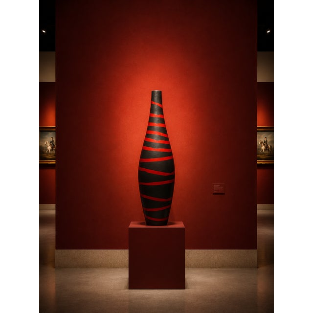 A tall sculptural floor vase with a bold black and red striped finish. The elongated silhouette and graphic stripe pattern...