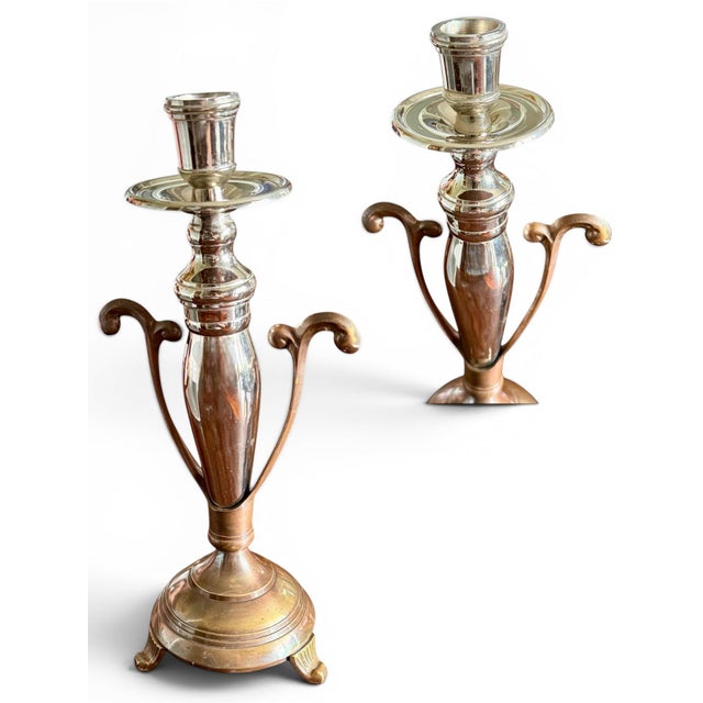 Vintage Two Tone Candlesticks-Silver Plate-Copper-Brass-Pair-Metal-Taper Holders For Sale - Image 9 of 11