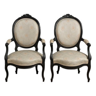 Napoleon III Armchairs in Blackened Wood, 1850, Set of 2 For Sale