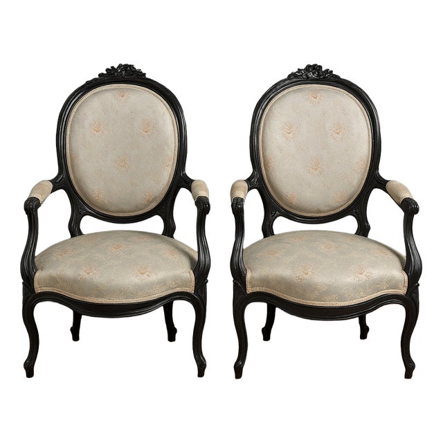 Napoleon III Armchairs in Blackened Wood, 1850, Set of 2 For Sale
