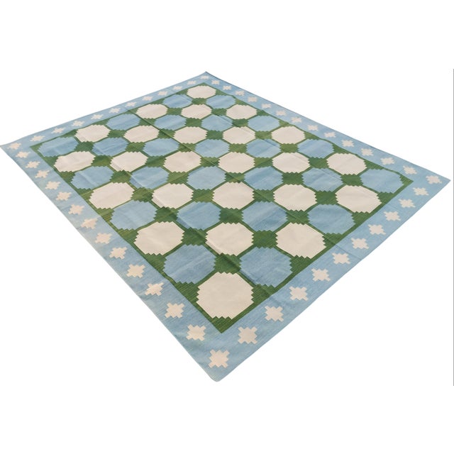 Casa Cosima Handmade Woolen Flat Weave Swedish Pattern Sky Blue and Forest Green Area Rug - 9'x14' For Sale - Image 4 of 17