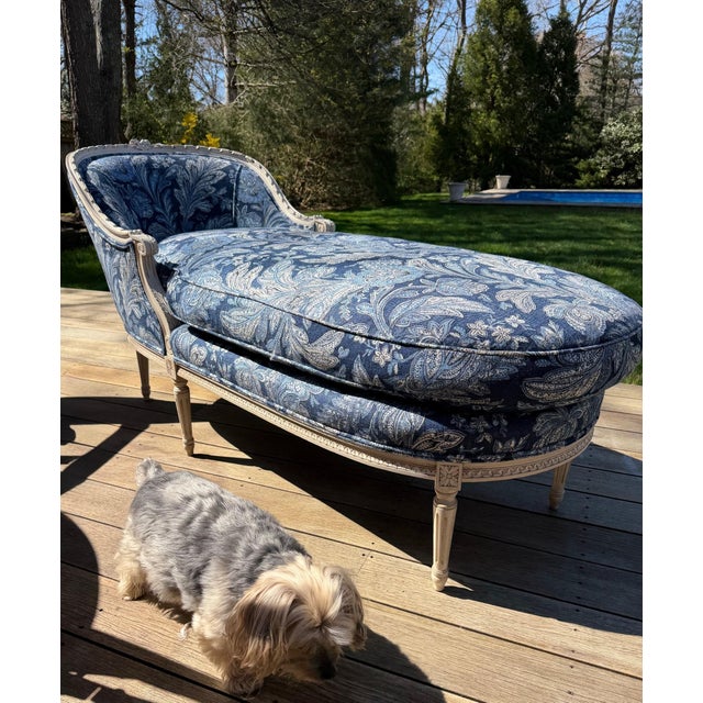 Wood Custom Louis XVI Style Blue Chaise Lounge in Ralph Lauren For Sale - Image 7 of 15