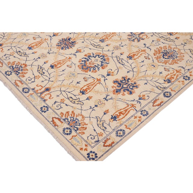 1990s 1990s Shabby Chic Kafkaz Peshawar Ivory/Blue Wool Rug - 9'1 X 10'8 For Sale - Image 5 of 10