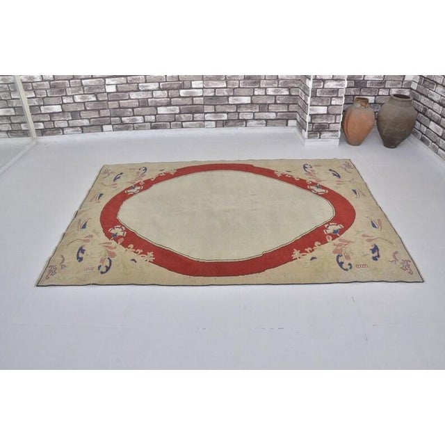 1950s Vintage Turkish Oushak Area Rug With Bold Red Oval Medallion and Cream Field For Sale - Image 5 of 10