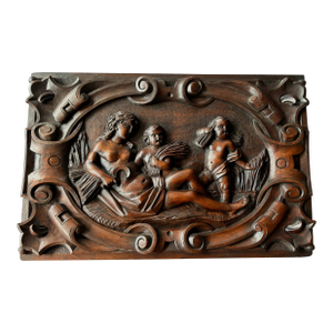 Antique 19thc Large Traditional Carved Wood Sculpture Panel Female With Cherubs