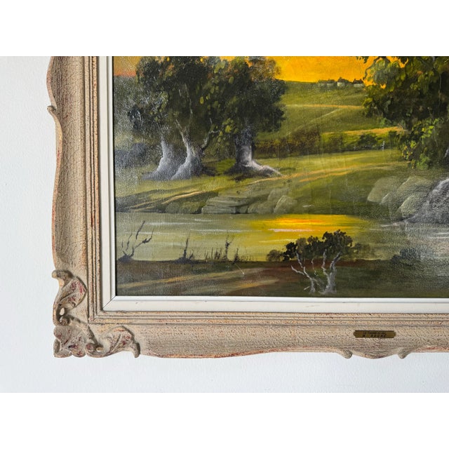 Wood 1970’s French M. Roche “La Tombée Du Jour” Oil on Canvas Landscape Painting, Framed For Sale - Image 7 of 12