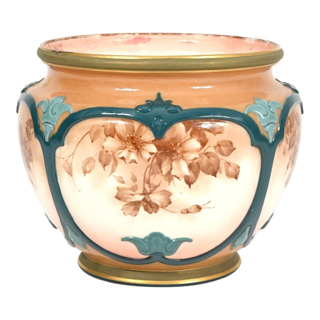 Late 19th Century Royal Worcester Hadley Ware Hand-Painted Porcelain Cache Pot — Art Nouveau Floral Jardiniere, England For Sale