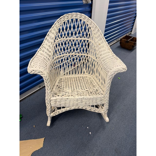 Rustic European Vintage Bar Harbor Wicker Armchair – White Coastal Cottage Rocking Chair For Sale - Image 3 of 6