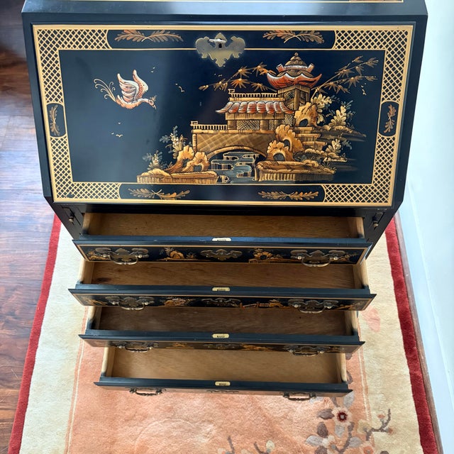 Vintage Maddox Chinoiserie Black Lacquer Secretary Desk For Sale In Denver - Image 6 of 12