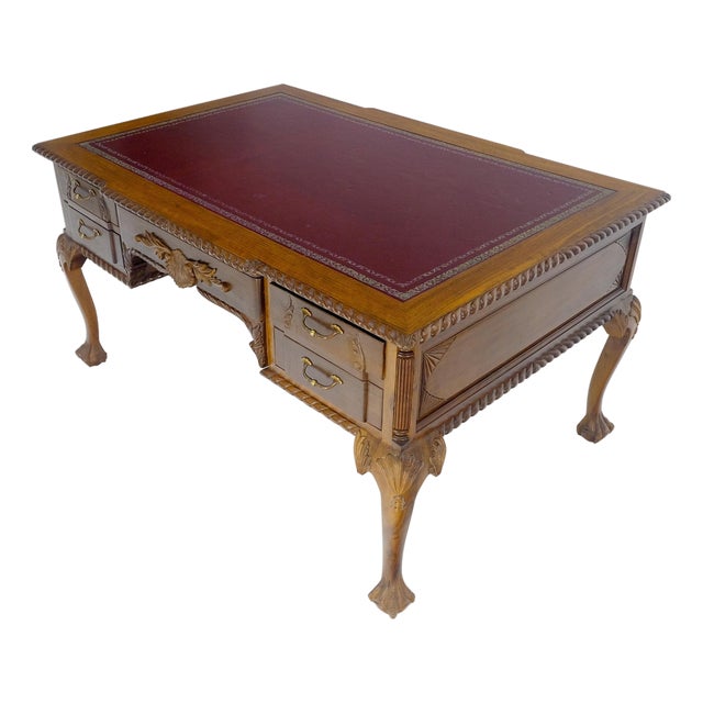 Carved Mahogany Leather Top Ball & Claw Writing Table Executive Desk MINT! For Sale